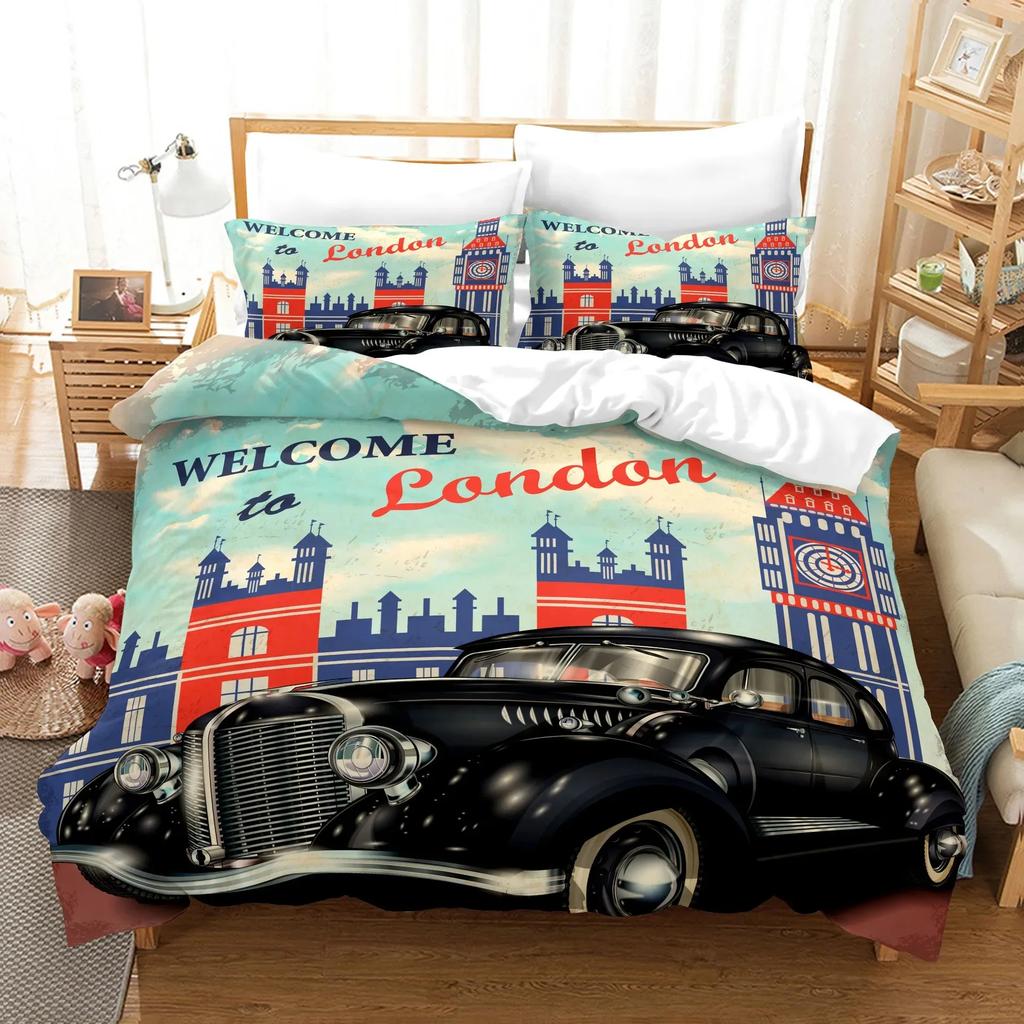 Cars Duvet Cover Traditional Old Car Race Nostalgic American Car Bedding Set Classic Cars Polyester Quilt Cover for Boys Teens