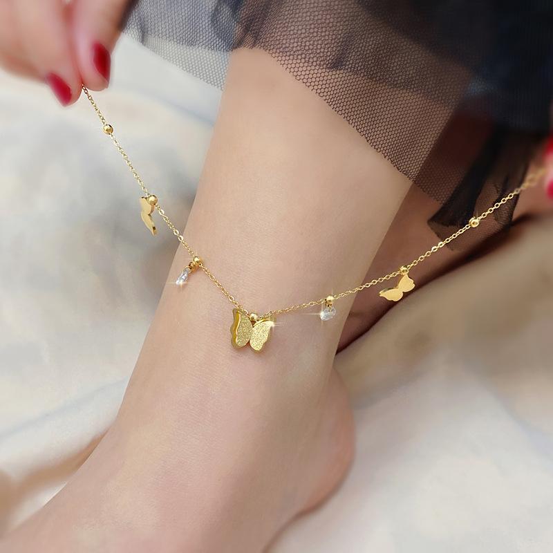 Titanium steel zircon double-layer butterfly pendant anklet fashion light luxury bracelet exquisite personality ankle jewelry women's high sense