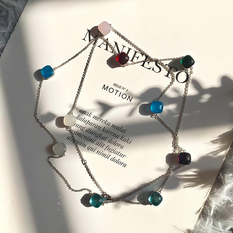 Fashion Beaded Necklaces Long Sweater Chain Necklace Faceted Colorful Candy Fruit Sugar Pendant Crystal Necklace Stainless Steel