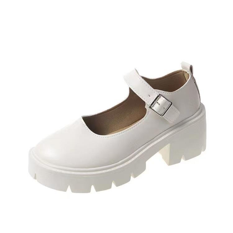 Small leather shoes women's spring new British college style bright leather high heels single shoes round head platform Mary Jane shoes women