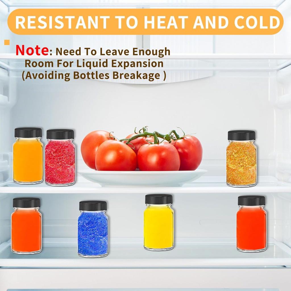 Glass Shot Bottles with Lids, 12 Pack 2oz Ginger Shot Bottles with Labels, Leakproof Wide Mouth Small Glass Jars with Lids for Juice, Ginger, Spices