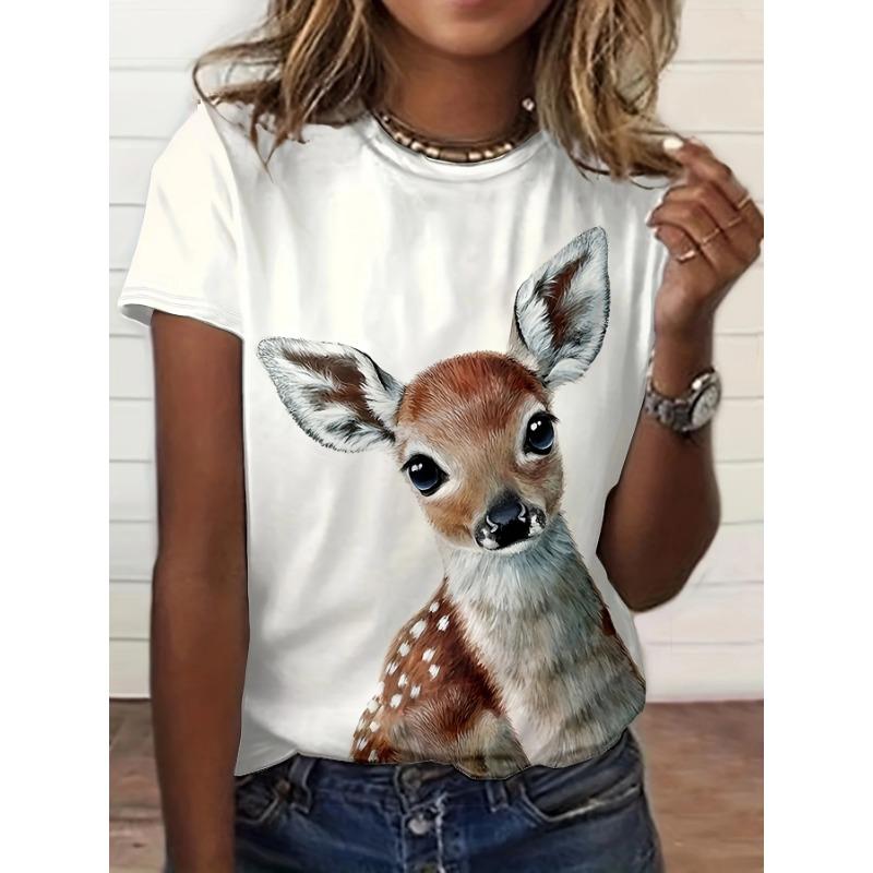 Summer Round Neck Cute Animal Pattern 3D Print Top Fashionable Casual Short Sleeved Women's T-shirts