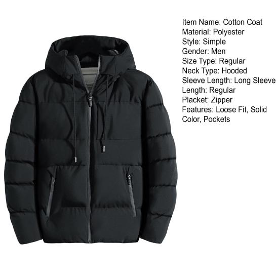 Men Cotton Coat Stand Collar Drawstring Long Sleeve Quilted Jacket with Pockets Zipper Placket Solid Color Thickened Warm Outerwear