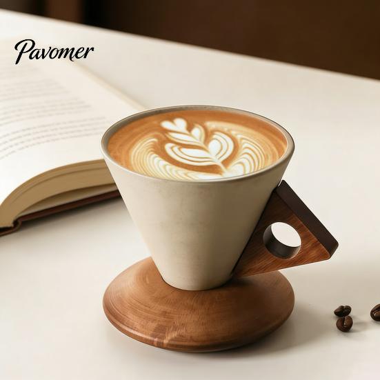 Artistic Frosted Texture Mug Creative Cone Coffee Cup Set with Ergonomic Handle Solid Wood Coaster High-Temperature Office Home 250ml Ceramic Tapered