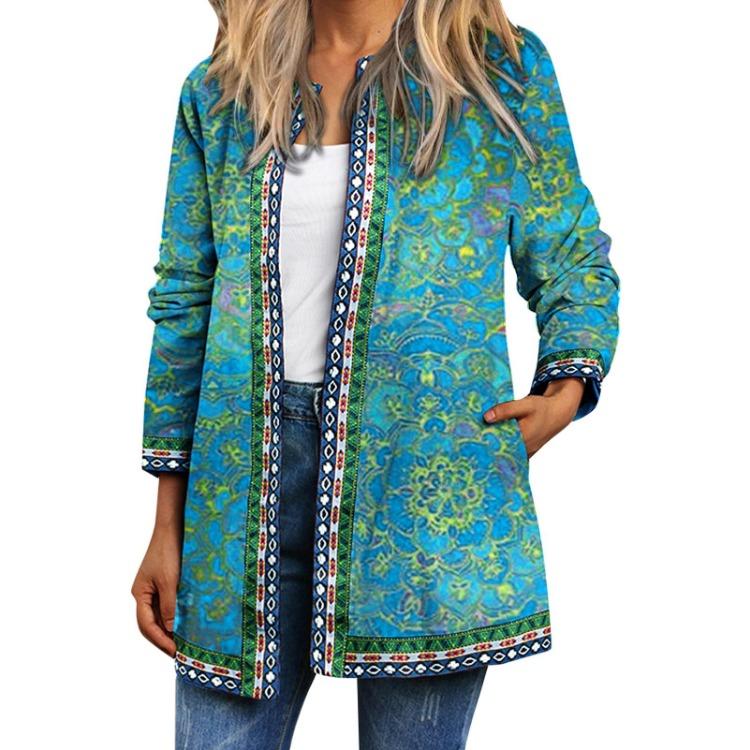 

Vintage Casual Cardigan for Women Loose Fit Long Sleeve Pocket Jacket Coat Printed Outerwear XX-Large зелений