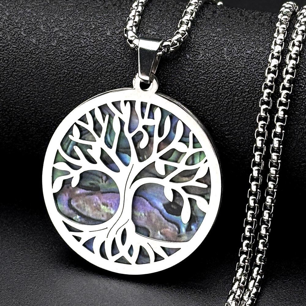 Tree of Life Imitation Abalone Shell Stainless Steel Pendant Necklace for Women Men Gold Silver Color Chain Necklaces Jewelry