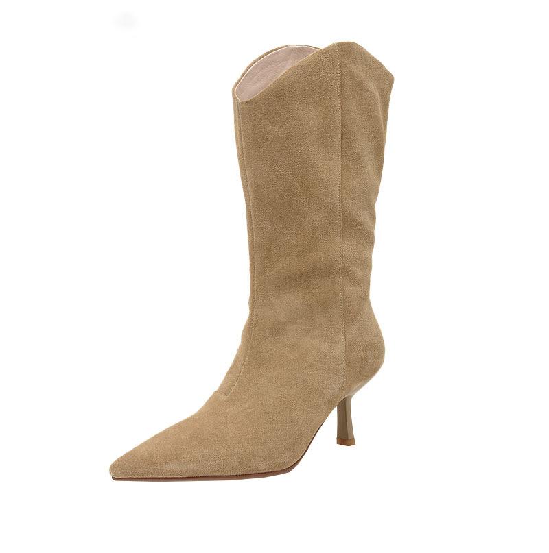 Women's stiletto heel 2025 pointed toe middle boot western cowboy boots fall/winter frosted high-heeled knight boots Thin legs