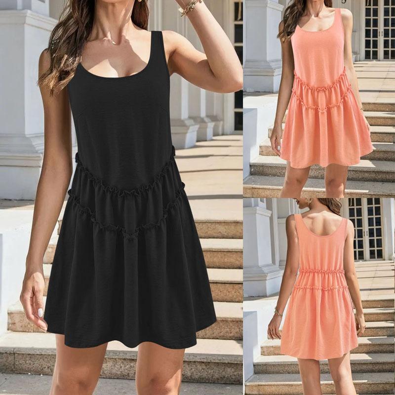 Lace Sleeveless Dress Sweet and Clear Solid-color Beach Vest Dress for Summer