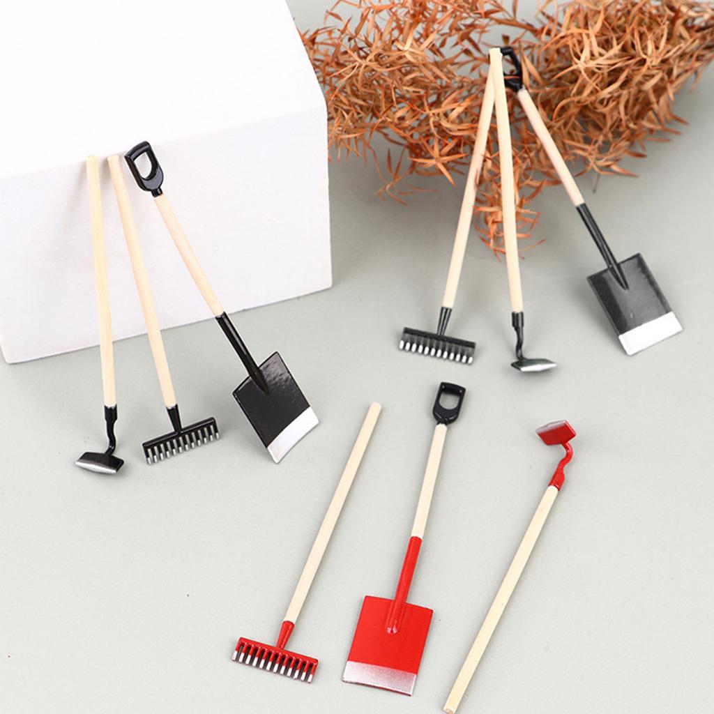 Pack Of 3 Miniature Garden Tools Shovel Rake Hoe Set For 1/12 Dollhouse Perfect For Realistic Landscaping Decorations