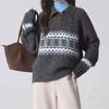 New Color-Block Fair Isle Polo Collar Sweater - Spring/Autumn Loose Knitted Pullover for Women