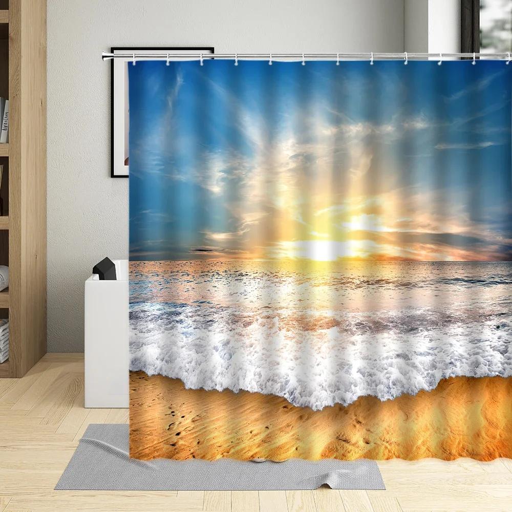 Summer Seaside Shower Curtain Sea Beach Shell Bathroom Decor Palm Tree Ocean Scenery Curtains With Hook Waterproof Wall Covering