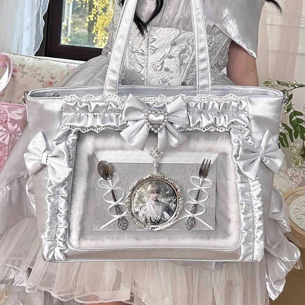 New Y2k Sweet Ita Shoulder Bag Lolita Girl Transparent Tote Bag Women Large Capacity Lace Crossbody Bag Cute DIY Display Handbag