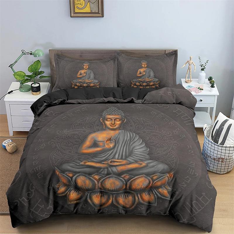 Mandala Buddha Duvet Cover Set King Size Exotic Ethnic Bohemian Bedding Set Golden Black Lotus Flowers Print Gorgeous Women Men