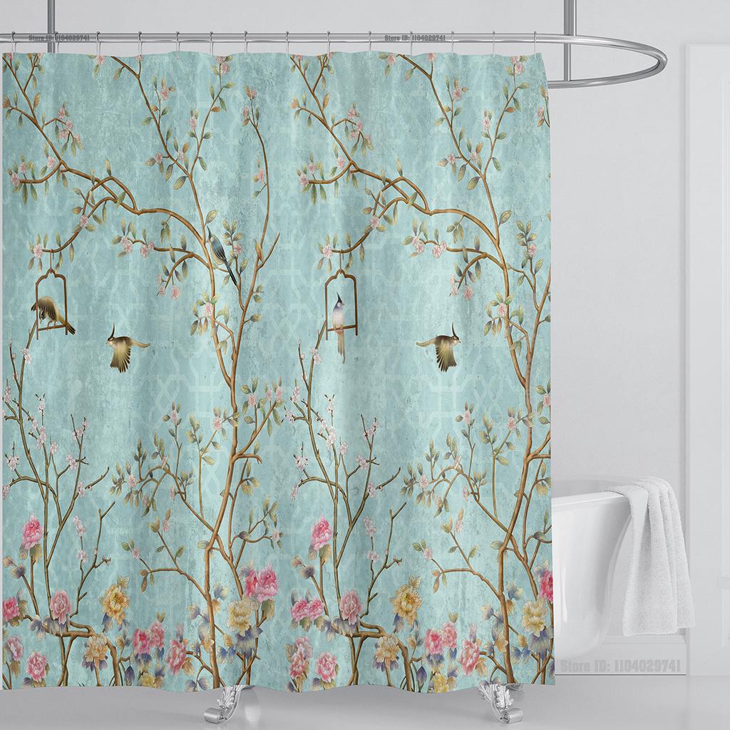 Chinese Style Flower and Birds Tree Shower Curtains Crane Pattern Bath Curtain Waterproof Bathroom Decor With Hooks 3d Printing