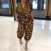 Retro Leopard Print Plus Size Jumpsuit for Women - Short Sleeve, Button-Up, Casual Loose Fit (2020 European Design)