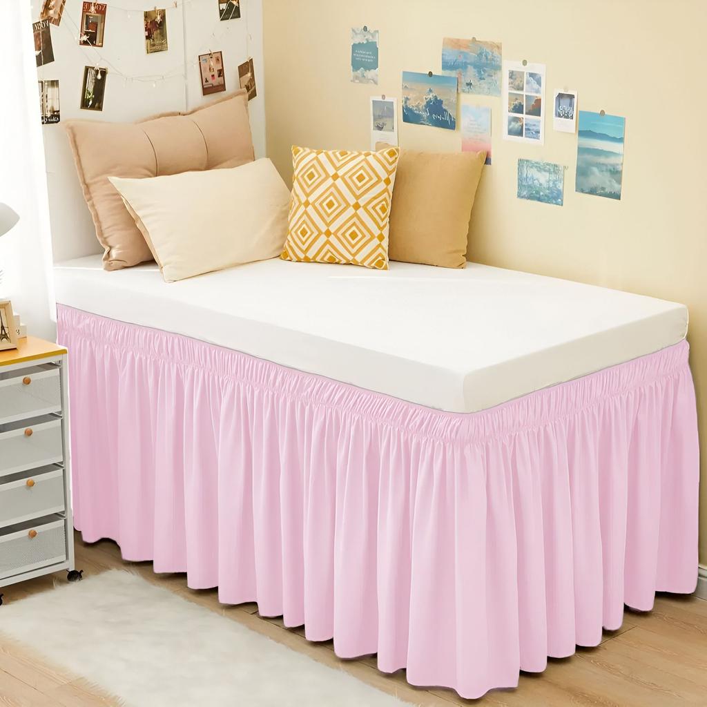Extra Long College Hostel Dorm Room Bed Skirt Wrap Around Pretty Ruffles Bed Skirt Valance with Three Sides Fabric for Twin Bed