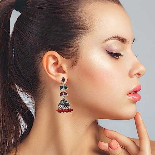 Estele Rhodium Plated Oxidised Gorgeous Jhumka Earrings with Red & Green Enamel for Women