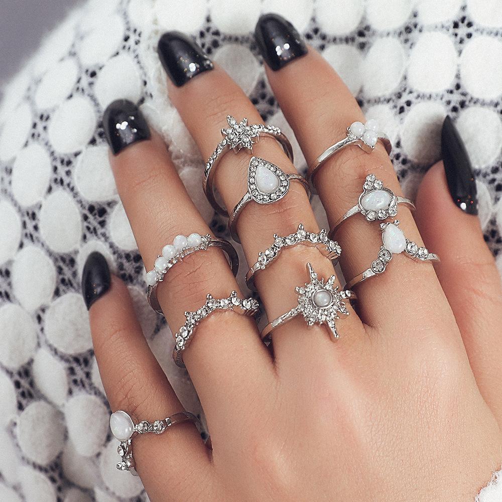 Imitation Opal Style Ring With Diamond Crown Combination Joint Ring 10-Piece Set Ring