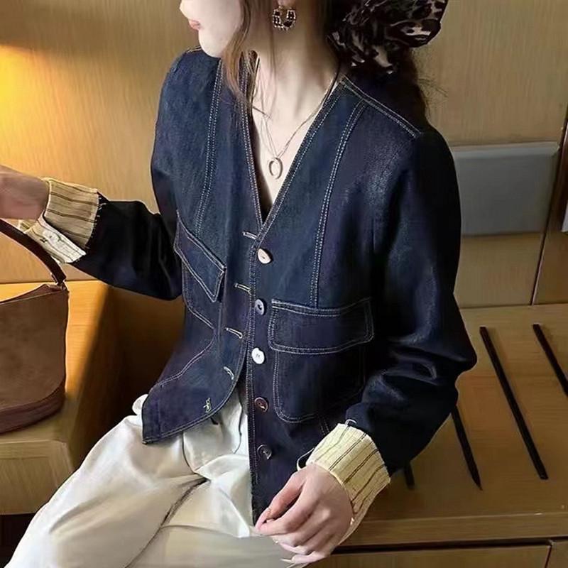 

High-End European Retro Style V-Neck Single-Breasted Short Denim Jacket for Women M темно-синий