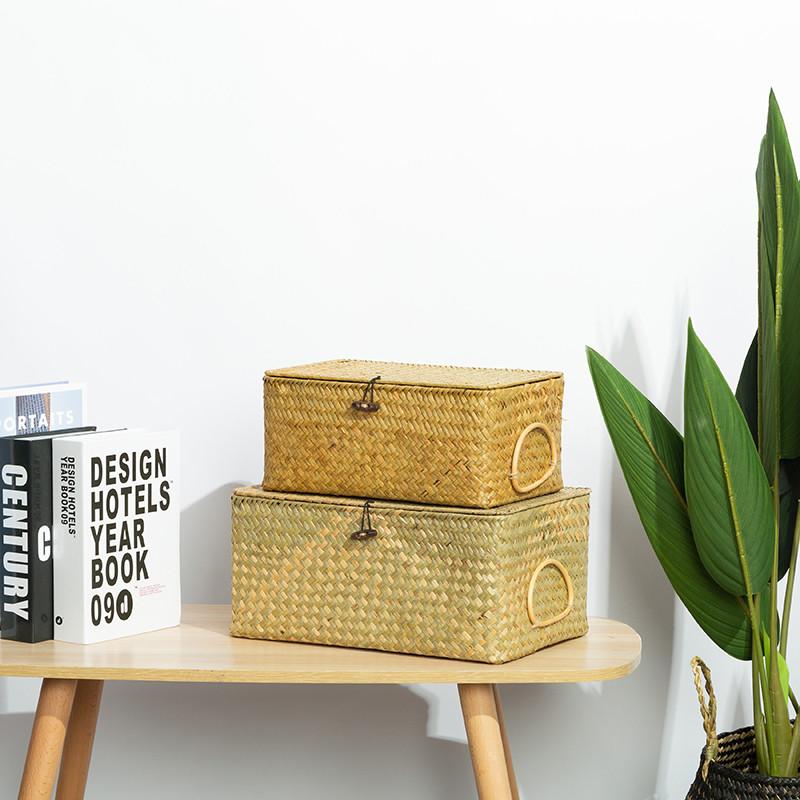 Hand Weaving Seaweed Shelf Baskets with Lid Rectangular Bin Woven Storage Box with Handle Home Organizer Bedroom