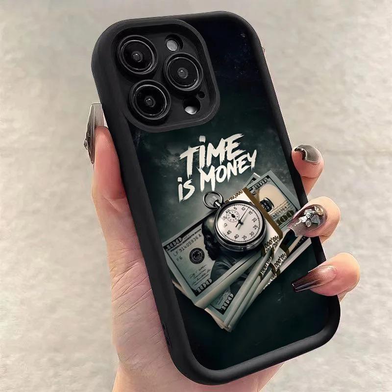 Luxury Phone Case For iPhone 16 15 14 12 11 13 Pro Max Time is Money Printed Soft Cover For iPhone 16E 15 16 Plus 7 8 Case Cover