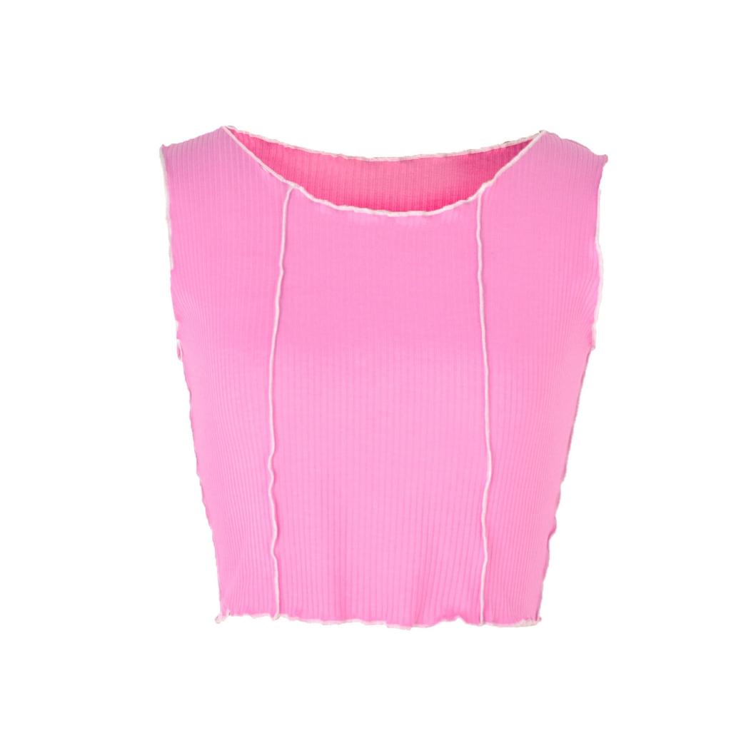 Summer Women Contrast Stitching Tank Top Camisole Vest Fashion Round Neck Navel Exposed Slim Tee Sleeveless Crop Tops Y2k