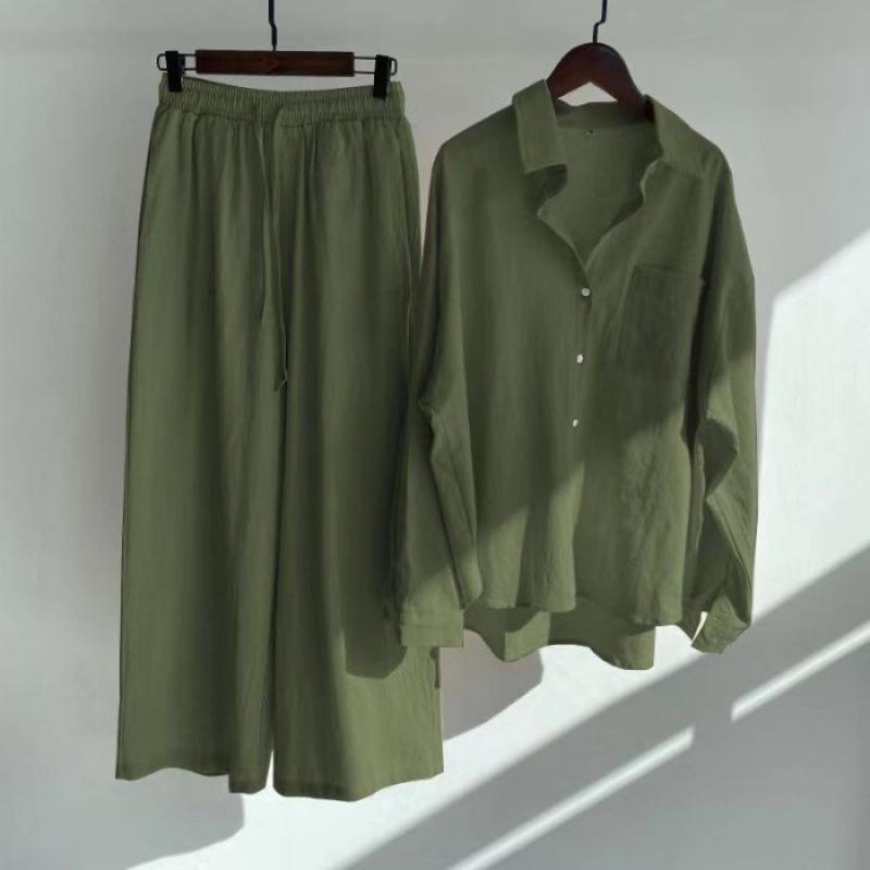 Spring Fashion Plus Size Women's Two-Piece Set: Cotton Linen Shirt & High-Waisted Loose Trousers