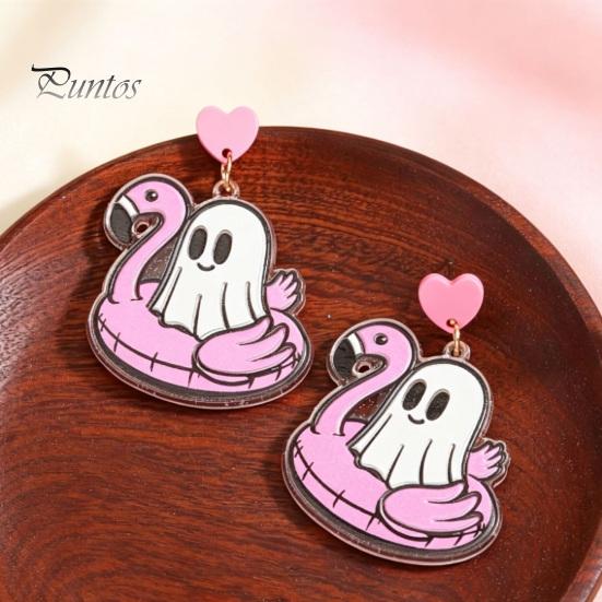 Flamingo Swimming Ring Jewelry 1 Pair Summer Halloween Ghost Earrings for Women, Cute Quirky Gifts Pool Float Dangle Drop Earrings, 2D Acrylic Holiday