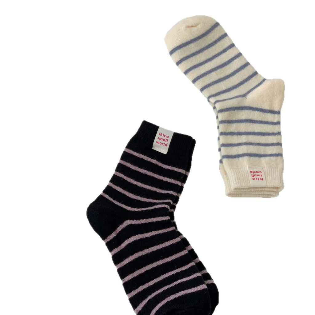 Winter New Products Thickened Cloth Label Color-Blocking Striped Warm Socks Thick Line Contrast Furry Women'S Socks