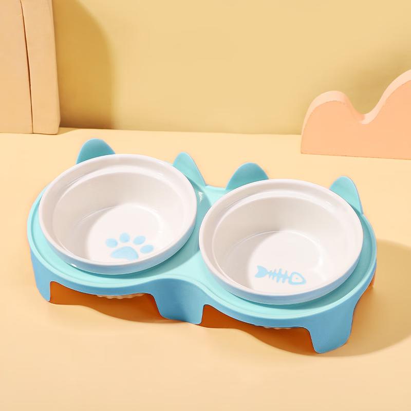 Jingyu Elevated Ceramic Double Pet Bowl with Anti-Spill Rack Double Bowl