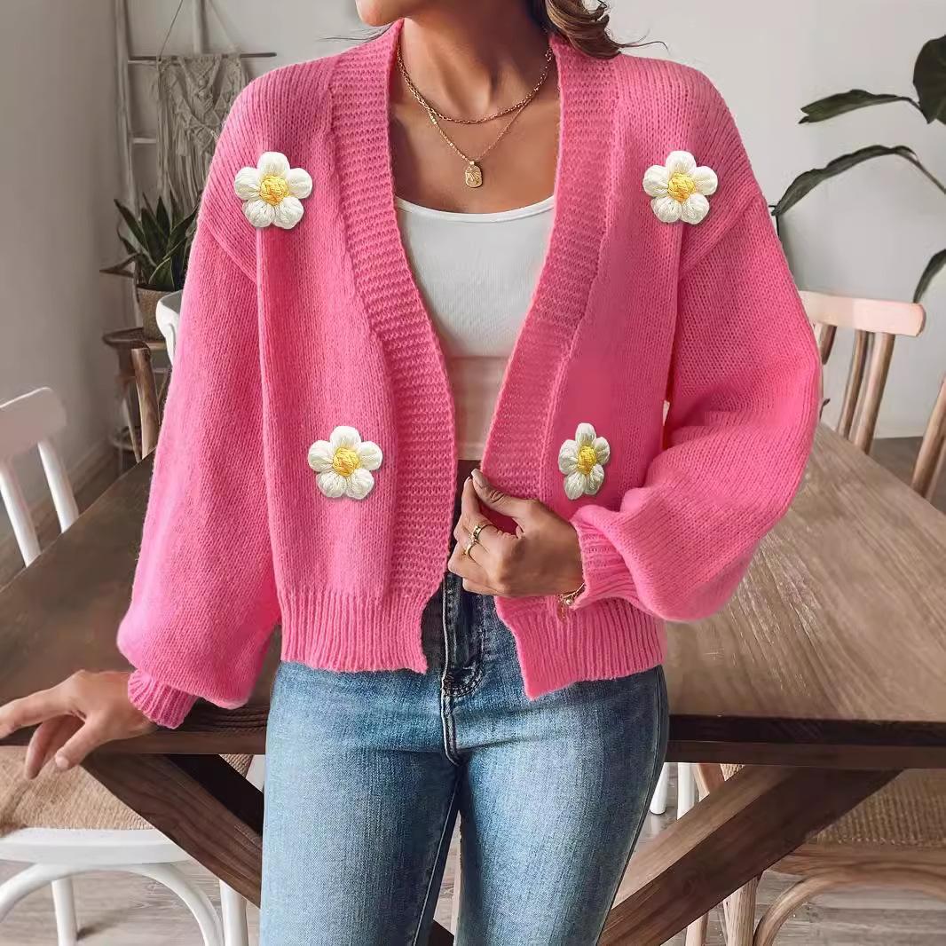 

Женский осенне-зимний кардиган крючком цветочный пэчворк вязаный свитер с длинными рукавами XL ярко-розовый