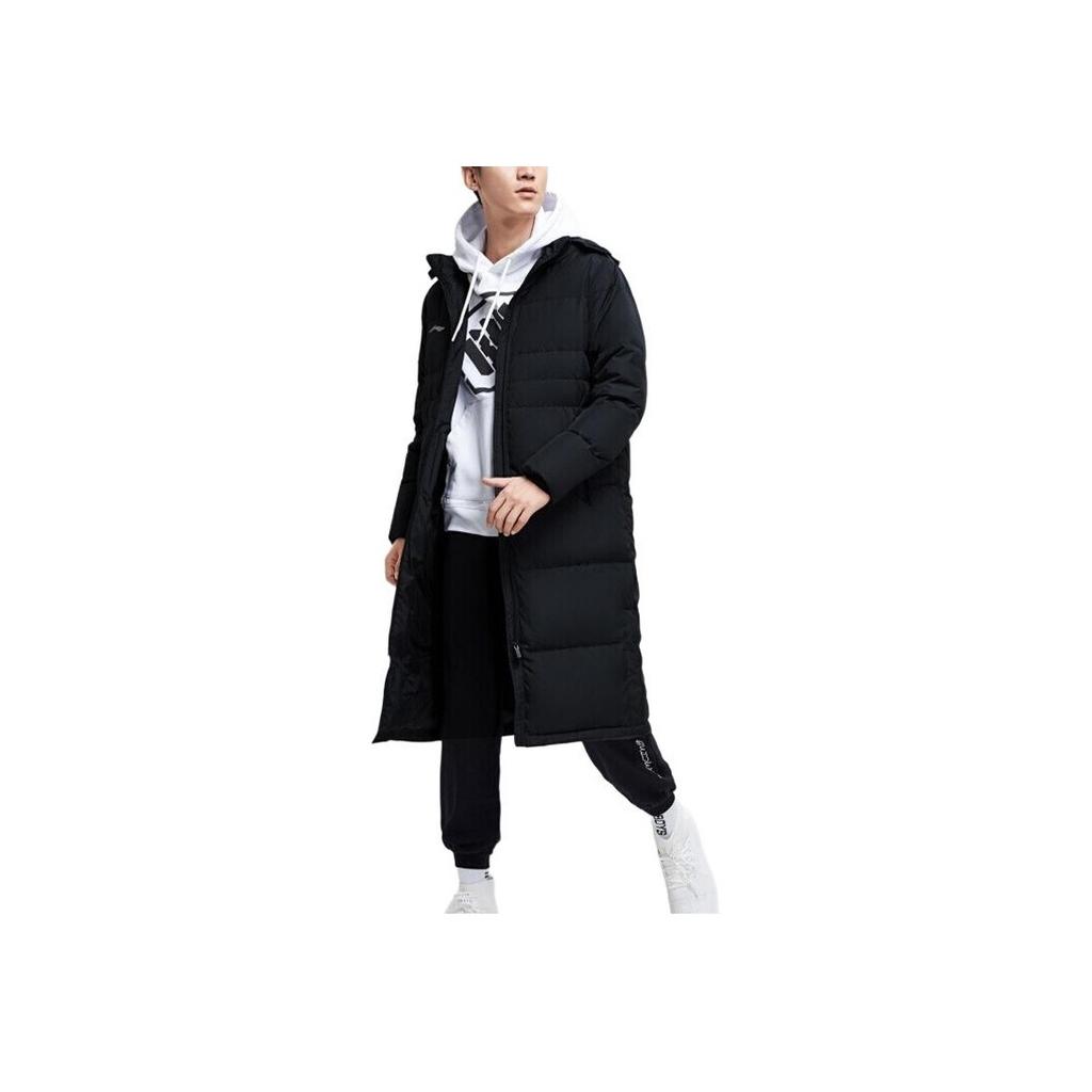 Li Ning Long Hooded Windproof Warm Down Jacket Men Outerwear Standard-Black AYMN133-1