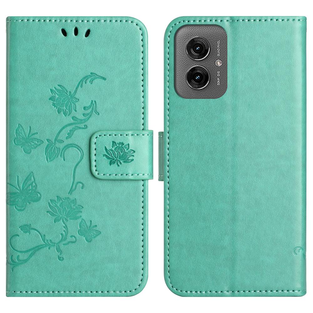 

For Motorola Moto G55 5G Case Wallet Stand Imprinted Butterfly Flower PU Leather Phone Cover Cyan