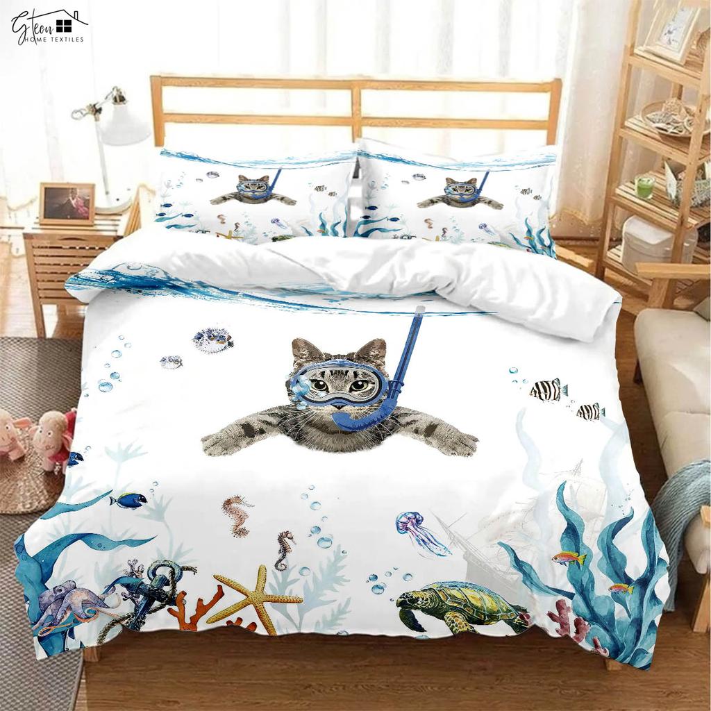 Cute Cartoon Cat Printed Quilt Cover Bedding Set 100% Polyester Duvet Cover Pillowcase Three-Piece Set