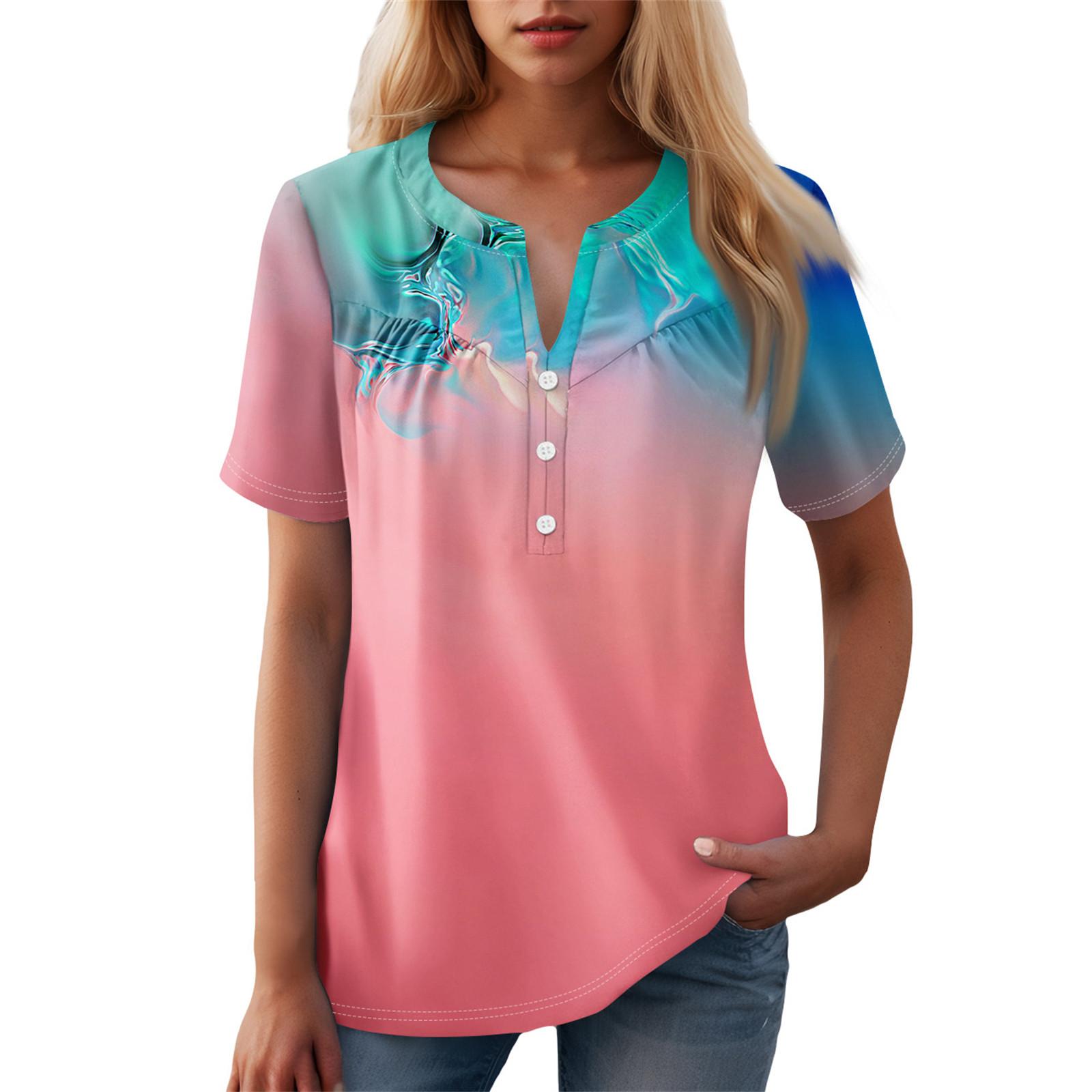 

Женская повседневная футболка с v-образным вырезом и коротким рукавом с цветочным принтом и декоративными пуговицами, топ M