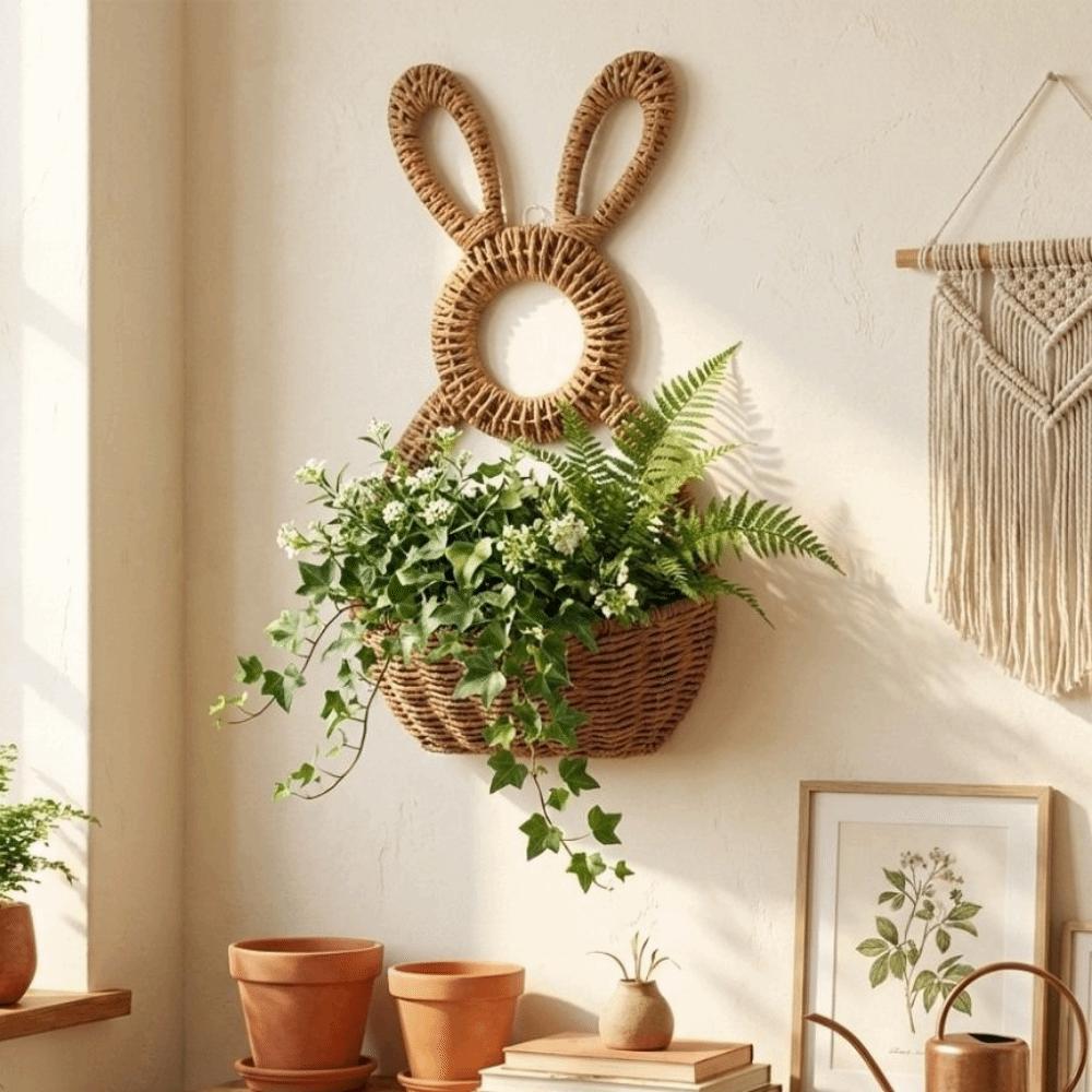 Hand Woven Bunny Flower Basket Handmade Bunny Basket Wreath Easter Bunny Basket  Wall Decoration