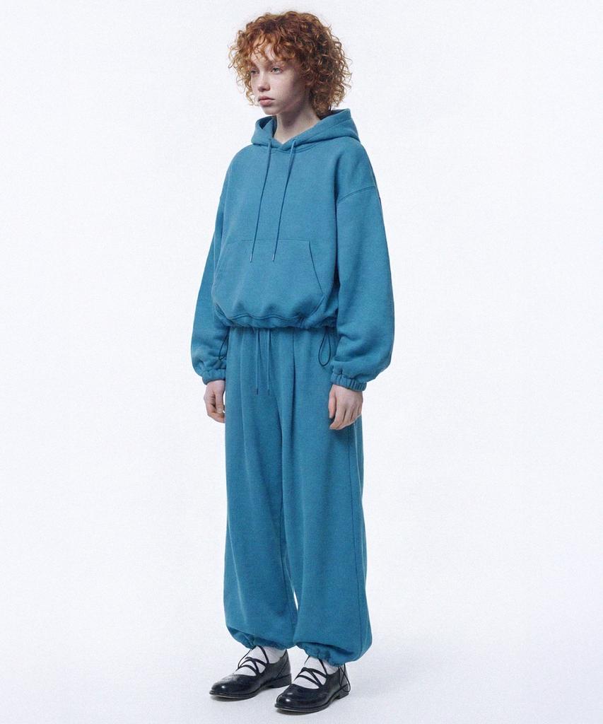[Set] String Oversized Hoodie + Single-Pleat Wide Pants - Peacock Green