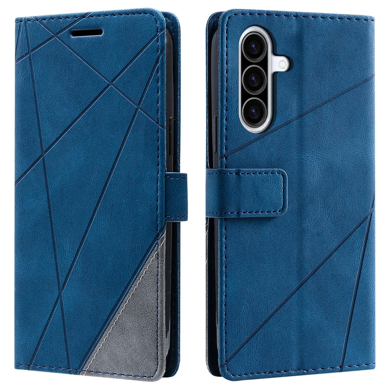 

For Samsung Galaxy A26 5G Case Imprinted Lines PU Leather Splicing Wallet Phone Cover Blue