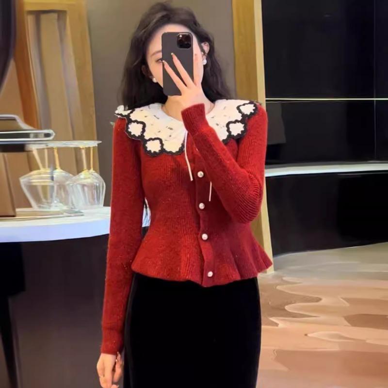 Spring and Autumn Lace Doll Collar Bright Silk Soft Waxy Knitted Cardigan Women's Waist Sweater Women's Top Cover