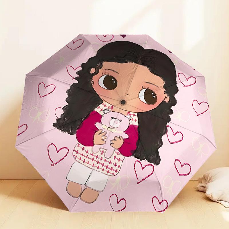 Chibi Girl with Teddy Bear Heart Print Umbrella: Automatic Opening & Closing, Outdoor Protection, Lightweight and Durable Travel Accessory 191