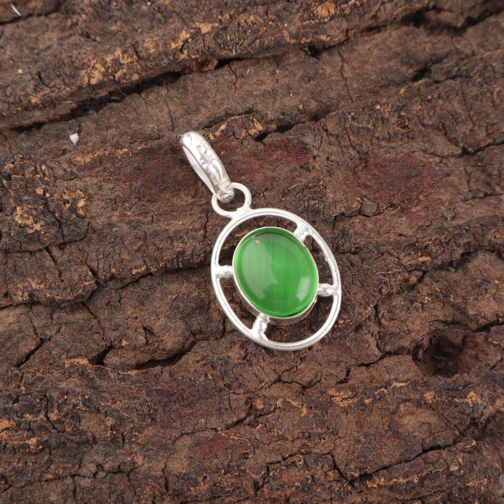 Green Cat'S Eye Gemstone 925 Sterling Silver Artisan Wedding Sisters Day Pendant PP-6-41