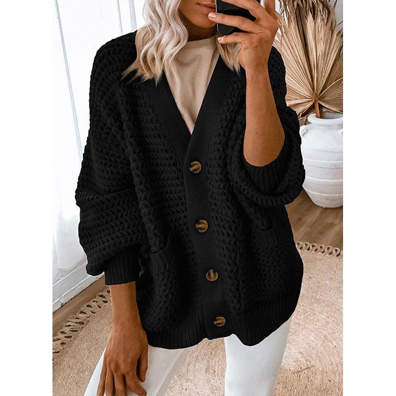 Women S Loose V Neck Lantern Sleeve Button Front Knit Cardigan Sweater