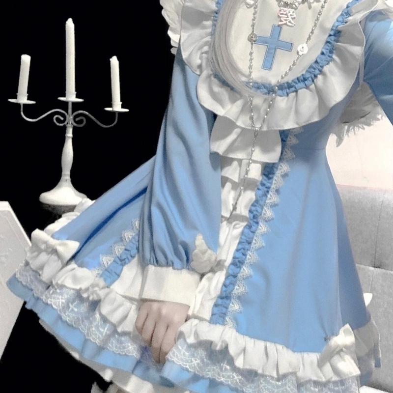 Japanese Gothic Lolita OP Dress Women Kwaii Bow Ruffles Blue White Patchwork Princess Dresses Girl Harajuku Tea Party Mini Dress