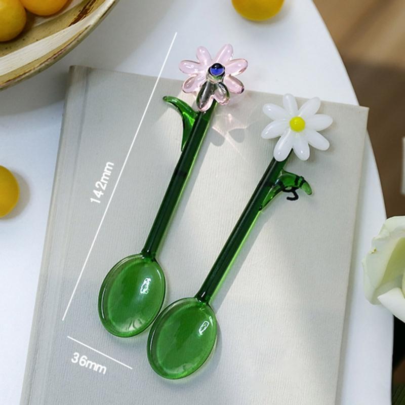 Transparent Glass Stirring Spoon With Elegant Flower Head Colored Stirrer For Coffee Tea Cocktails Head Resistant