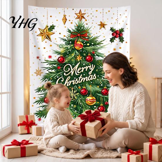 Festive Background Cloth Merry Christmas Tapestry, Wall Hanging Fabric Backdrop, Xmas Tree Winter Holiday Themed Decor Art for Living Room,
