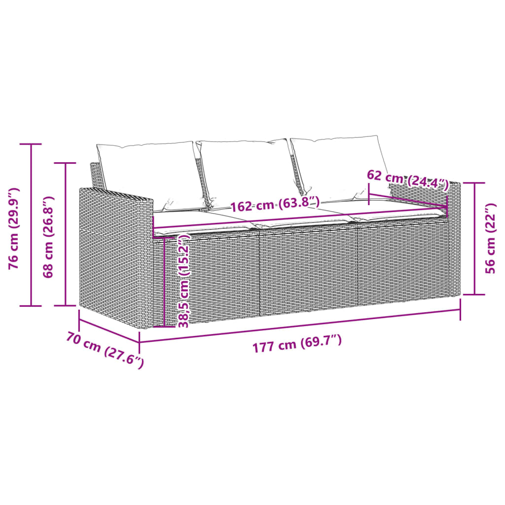 Garden Sofa with Cushions 3 Seater Black Poly Rattan