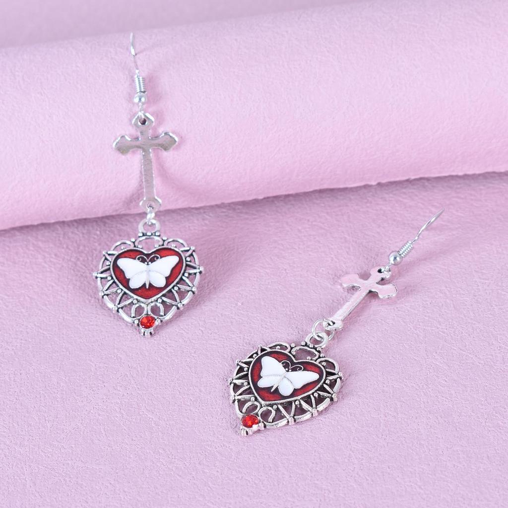 Qifu European & American Antique Silver Cross Heart Butterfly Gemstone Earrings