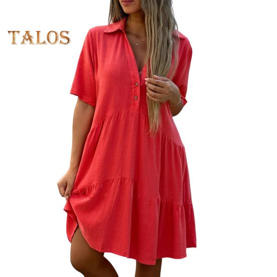 Sommerkleid für Damen, V-Ausschnitt, Revers, plissierter Patchwork-Saum, einfarbig, lockere A-Linie, große Schaukel, kurze Ärmel, knielang, Midikleid