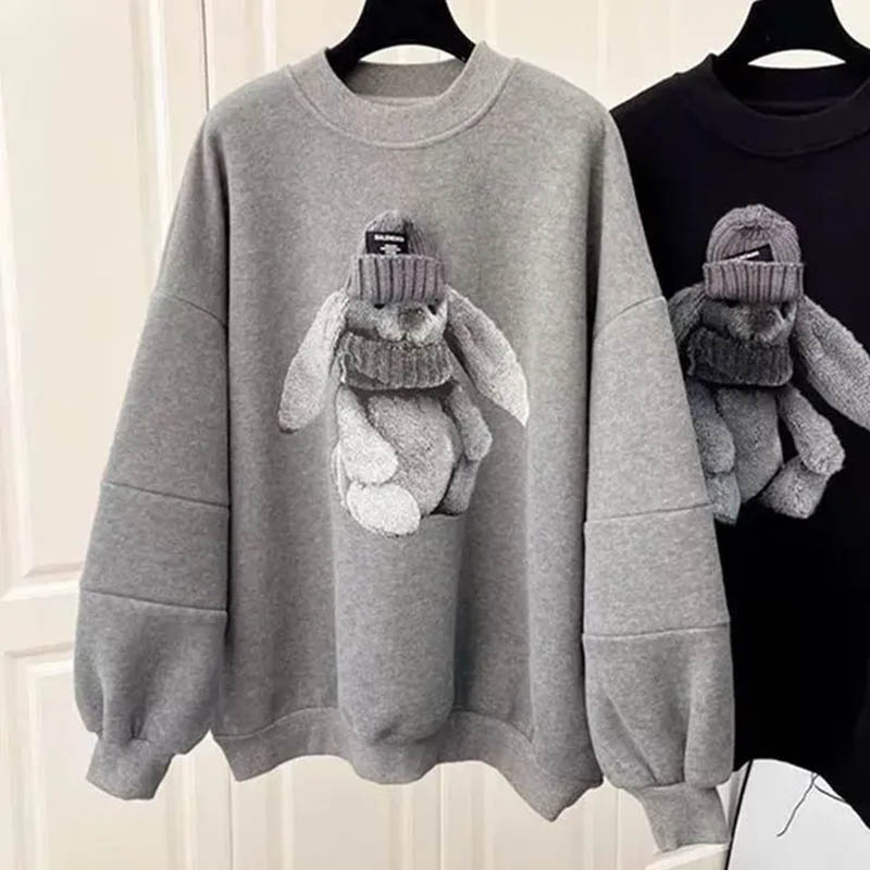 Sweatshirt Women Fleece-Lined Oversize Sweatshirt Winter Thickened Crew Neck Pullover Long Sleeve Mid-Length Loose Fit Top Sweatshirt