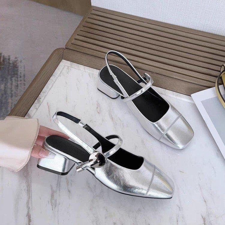 Sandals Women Silver Chunky Heeled Baotou Sandals Women Summer Shallow Mouth Single Shoes Middle Heeled Mary Jane Shoes